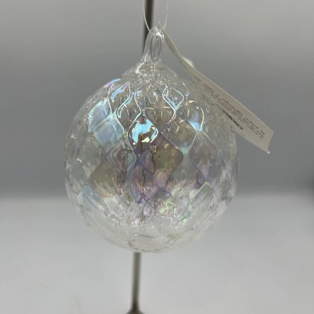 Vtg Glass‎ Eye Studios ornament hand blown quilted iridescent clear white 4